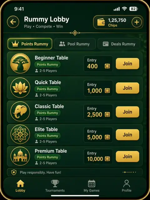 Online Rummy game lobby with table list
